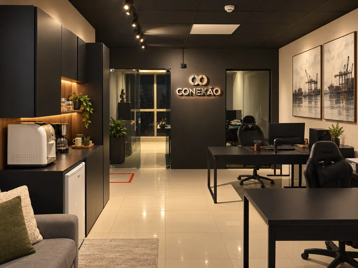 Ambiente de trabalho com mesas e a marca da Conexão na parede.